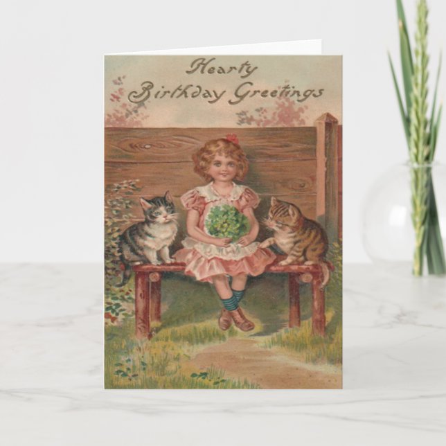 Cartão Menina Gata Gatinhas Flores Aniversário (Frente)