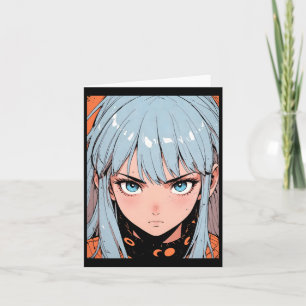 Cartão Menina Intensa Anime Retrô Cabelo Azul Estética Ad