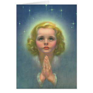 Cartão Menina Loira Angelical com Auréola e Estrelas Reza
