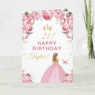Cartão Menina Loira de Cabelo Floral Rosa Feliz Aniversár