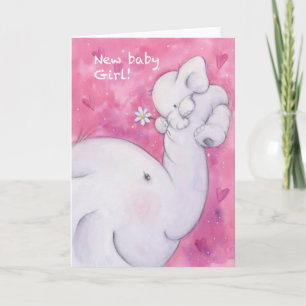Cartão Menina, mãe elefante e bebê lindos