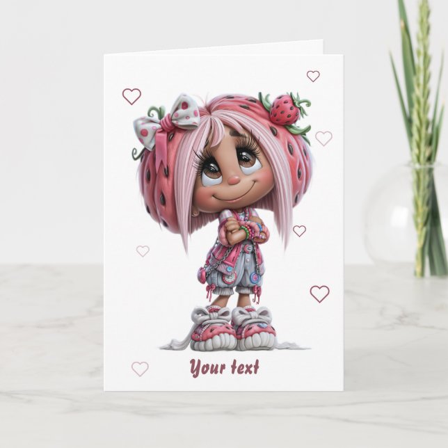 Cartão Menina Morango Fofa Personalizada (Frente)