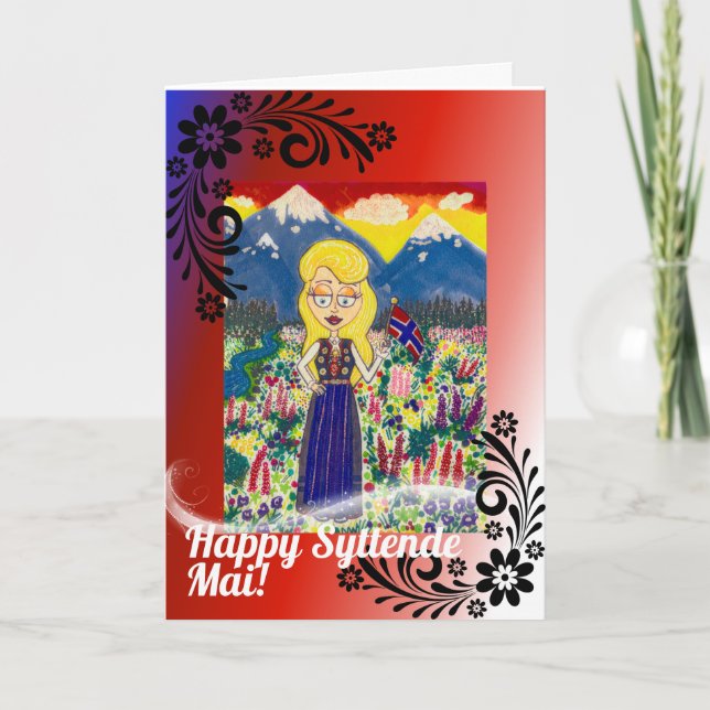 Cartão Menina norueguesa em Bunad (Frente)