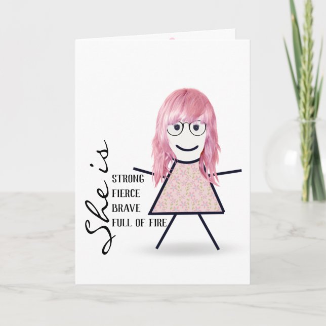 Cartão Menina Palito com Cabelo Rosa Para a Mamãe (Frente)