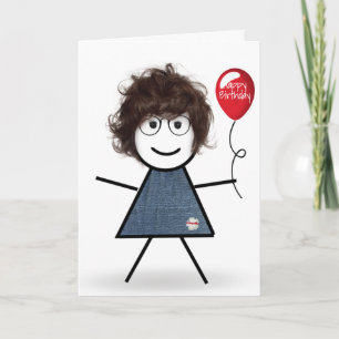 Cartão Menina Palito de Aniversário com Balão Vermelho