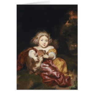 Cartão Menina que acaricia uma jovem corça