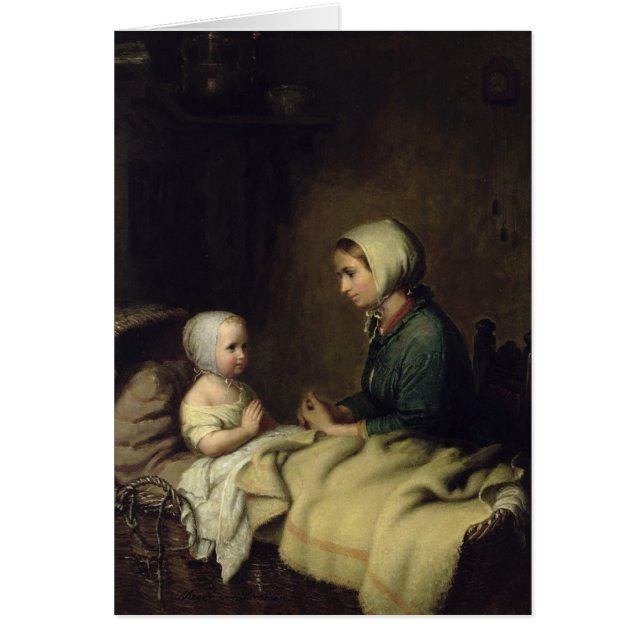 Cartão Menina que diz suas orações na cama (Frente)