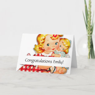 Cartão Menina retro vintage boneca