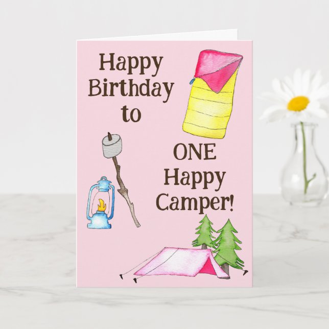 Cartão Menina Um Feliz Camper Primeiro Aniversário (Planta pequena)