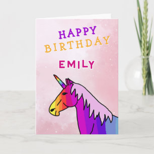 Cartão Menina Unicórnio Colorida Rosa Feliz Aniversário