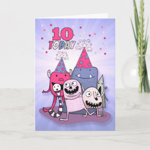 Cartão Meninas 10º Aniversário Rosa em Monstros de Cartoo