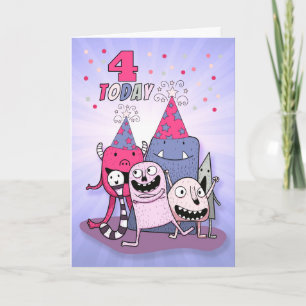 Cartão Meninas 4.º Aniversário Rosa Pinto Púrpura Monstro