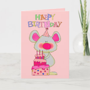 Cartão Meninas Bolo de Aniversário Feliz Rato