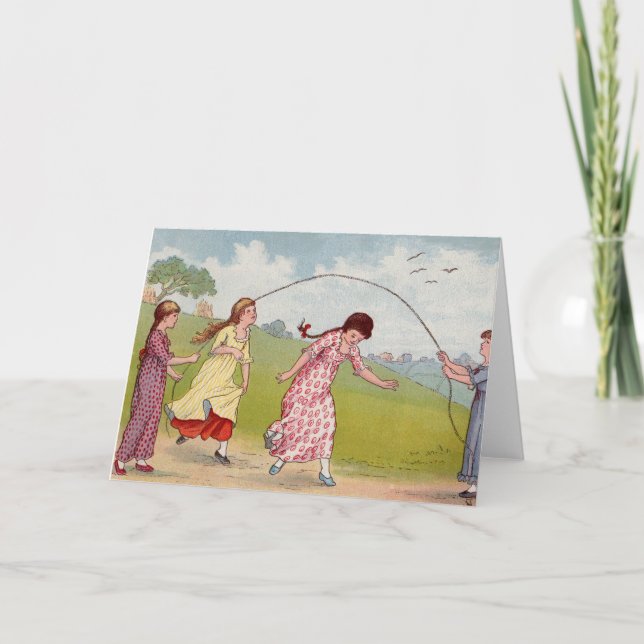 Cartão Meninas do século XIX jogando corda pulada (Frente)