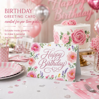 Cartão Meninas Feliz Aniversário Floral Rosa Prata