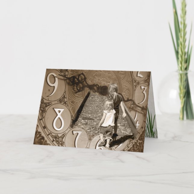 Cartão meninas na linha de trem na cara do relógio (Frente)