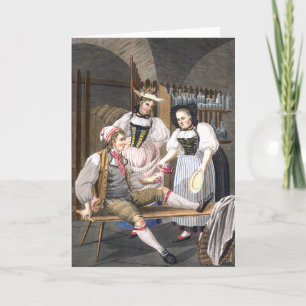 Cartão Meninas suíças servindo vinho a uma Cara bonito