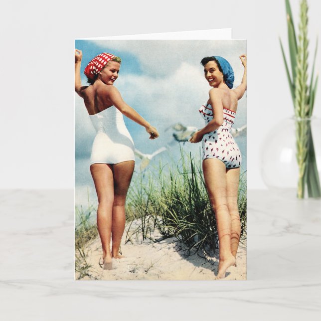 Cartão Meninas surfando retros da praia das mulheres 60s (Frente)