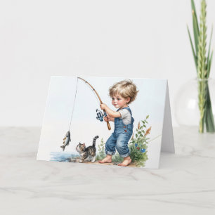 Cartão Menino Aniversariante Pescando Com Gatinho