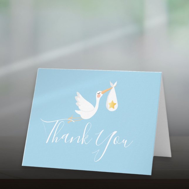 Cartão Menino Azul Andorinha Estrela Dourada Rótulo Obrig (Baby Boy Blue Stork Gold Star Script Thank You Card)