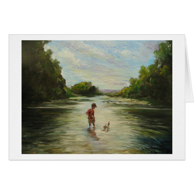 Cartão Menino com um barco do brinquedo (Frente Horizontal)