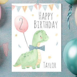 Cartão Menino de Aniversário Dinossauro Aquarela Fofo Per