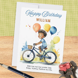 Cartão Menino de Bicicleta com Balões Coloridos de Aniver