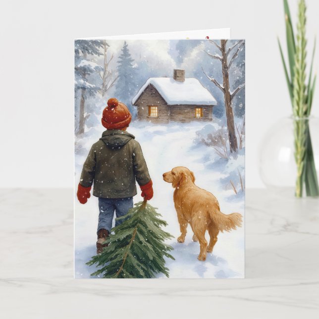 Cartão Menino de Natal com Pinheiro e Cachorro (Frente)