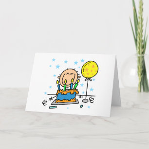 Cartão Menino de Palito Com Presentes de Bolo de Aniversá
