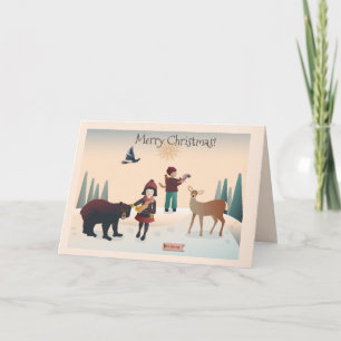 Cartão 💕 Menino e menina na floresta com animais Natal2