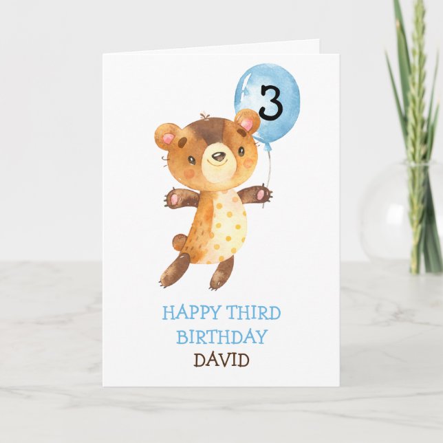 Cartão Menino Feliz Aniversário, Cute Bear Balão Crianças (Frente)