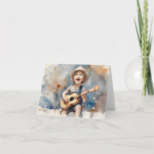 Cartão Menino Ilustração em Aquarela de Guitarra em Branc