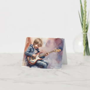 Cartão Menino Jovem Tocando Baixo Aquarela Branco