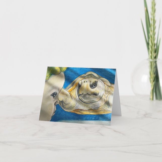 Cartão Menino observando tartaruga (Frente)