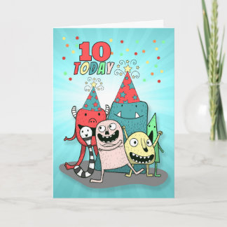 Cartão Meninos 10º Aniversário Monstros Azuis e Vermelhos