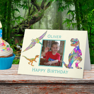 Cartão Meninos Aniversário Dinossauro Colorido T Rex Adic
