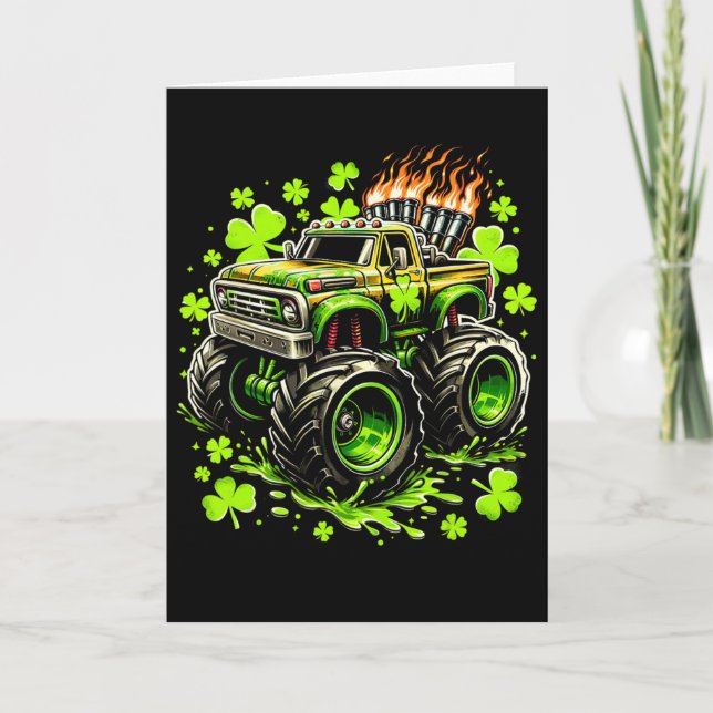 Cartão Meninos Caminhão Verde Monstro Shamrock St Patrick (Frente)