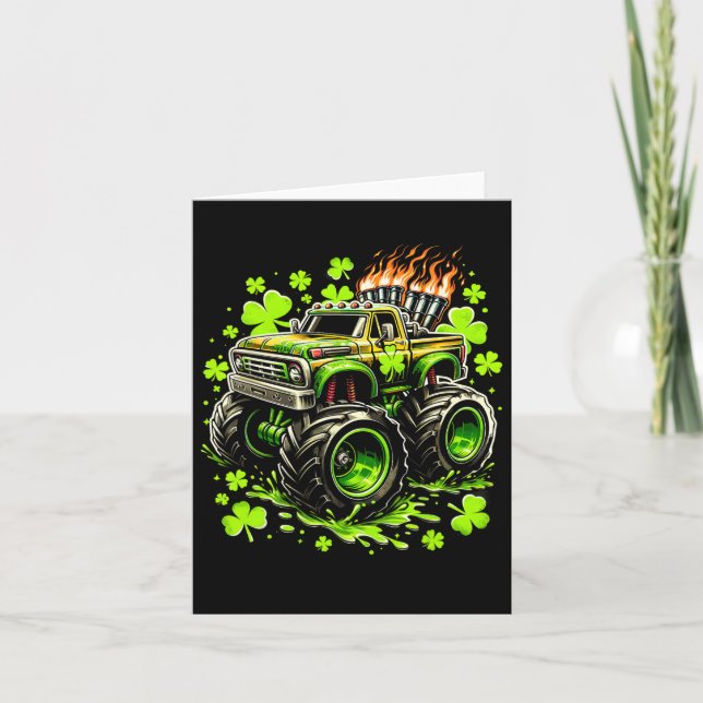 Cartão Meninos Caminhão Verde Monstro Shamrock St Patrick (Frente)