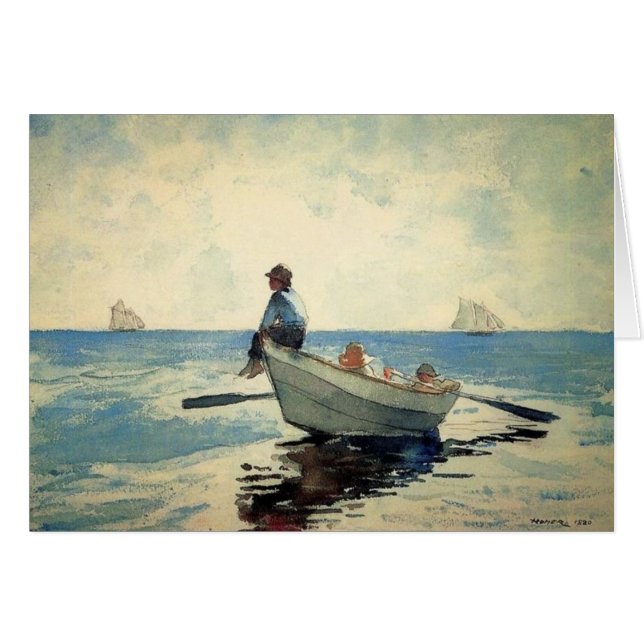 Cartão Meninos no mar em um Dory (Frente Horizontal)