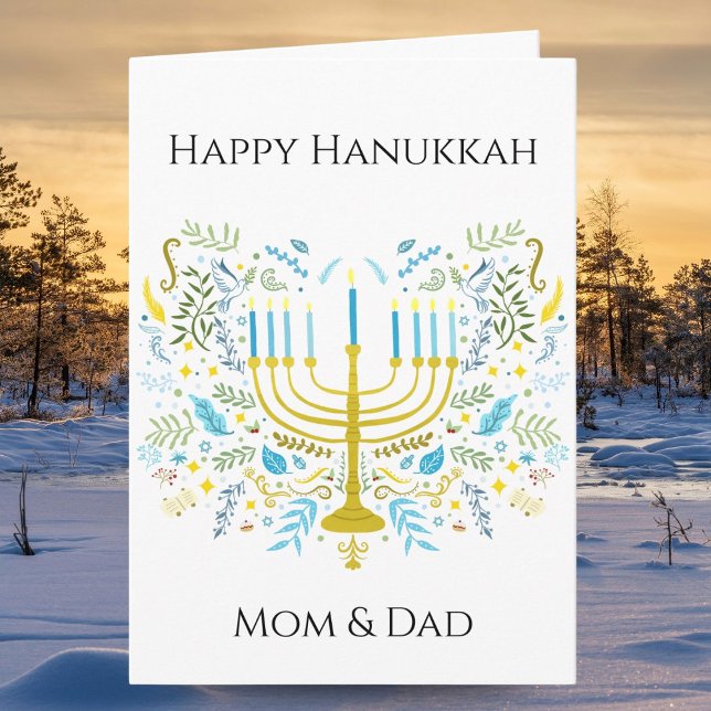 Cartão Menorá Feliz Hanukkah com Flores Mamãe e Papai (Criador carregado)