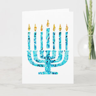 Cartão Menorá Mosaico Azul Luzes de Hanukkah Fé Judaica