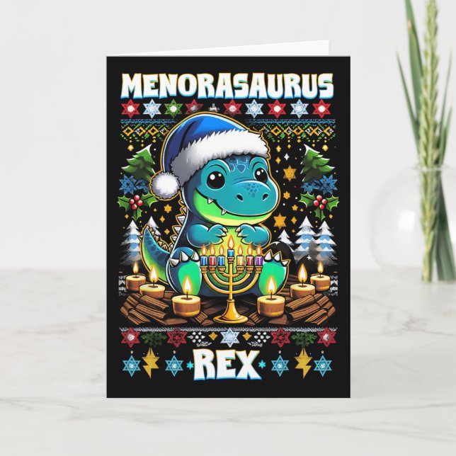 Cartão Menorasaurus Rex Dino Trex Suéter Feio de Natal  (Frente)