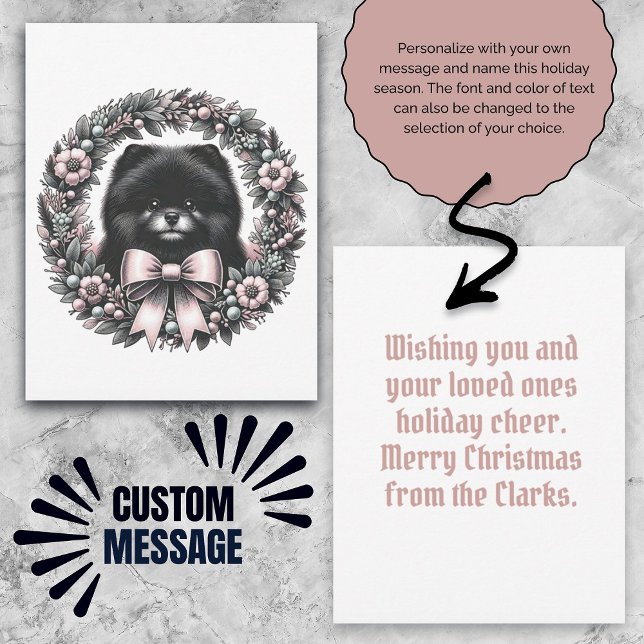 Cartão Mensagem Personalizada Black Pomeranian Coroa de N (Custom Message Black Pomeranian Vintage Wreath Card)