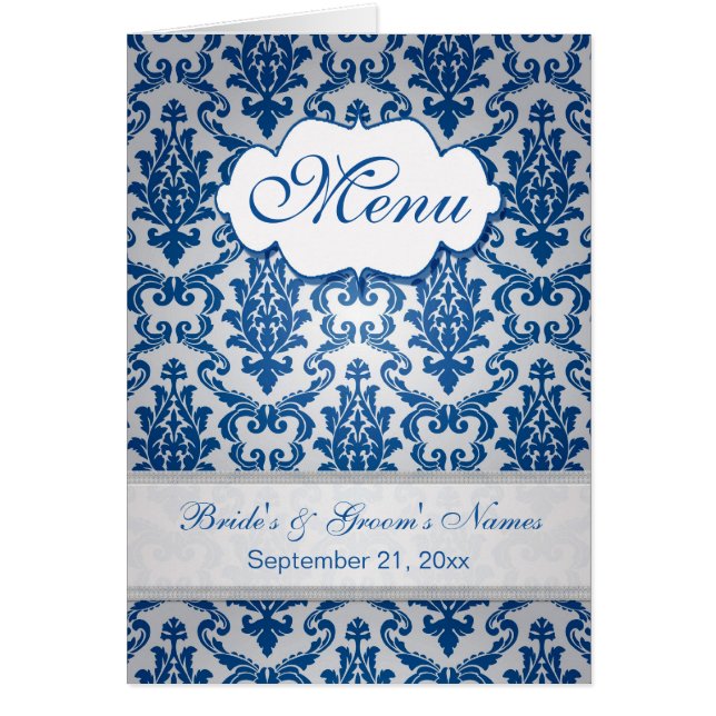 Cartão Menu Dark blue Damask (Damasco azul escuro) (Frente)