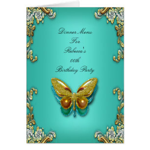 Cartão Menu Dinner Card Gold Teal Blue Butterfly