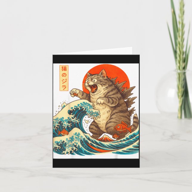 Cartão Meowzilla Catzilla Cat Japanese Art Funny For Men  (Frente)