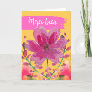Cartão Merci bien Obrigado em Flores de Aquarela Francesa