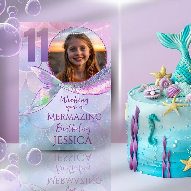 Cartão Mermaid One Photo 11th Birthday Card (Criador carregado)
