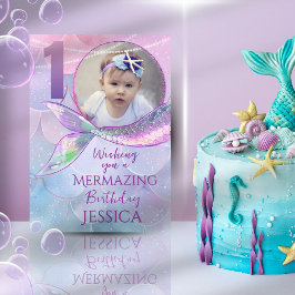 Cartão Mermaid One Photo 1st Birthday Card
