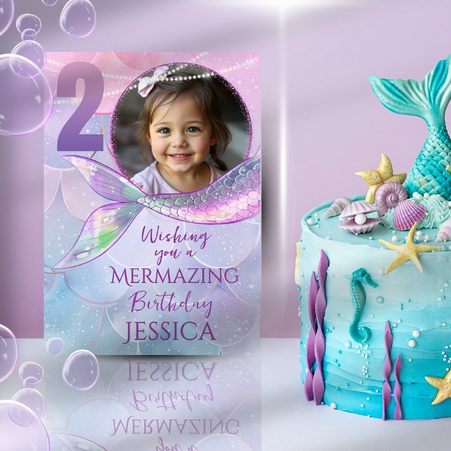 Cartão Mermaid One Photo 2nd Birthday Card (Criador carregado)
